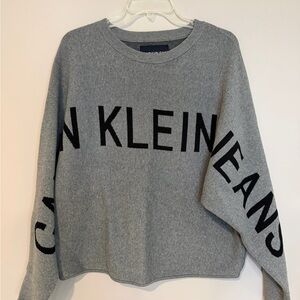 Calvin Klein Jeans Gray Cropped Logo Knit Sweater | 100% Cotton | Size S